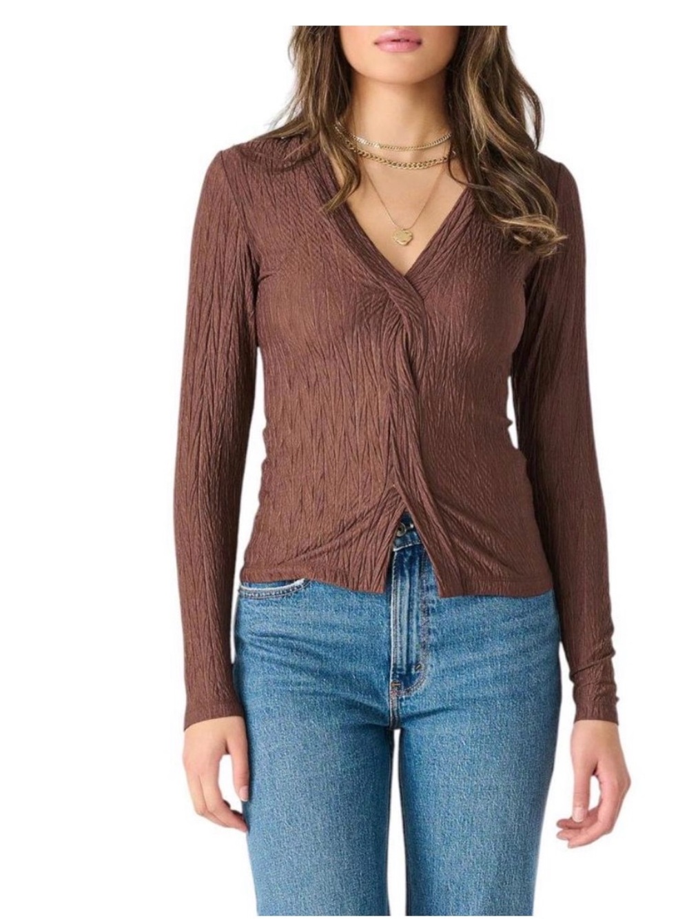 Dex Brown Textured V-Neck Long Sleeve Top